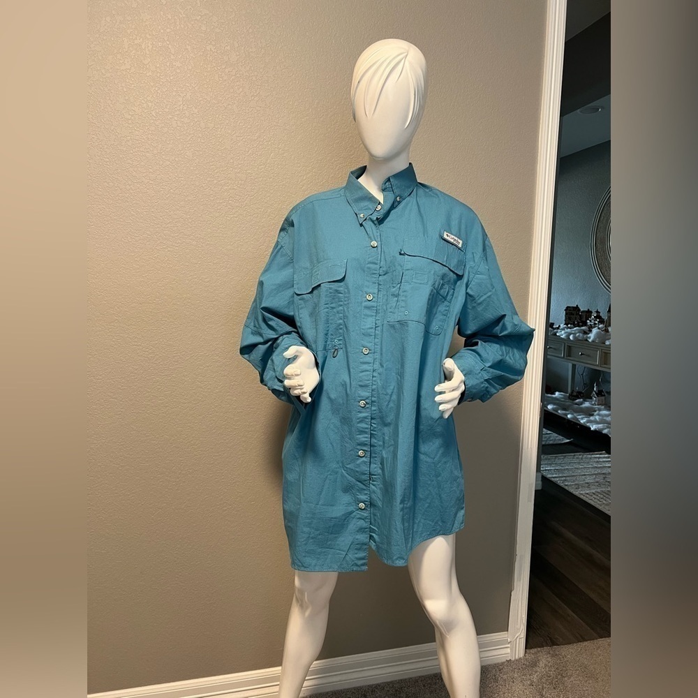 COLOMBIA Mens XL PFG Vented Fishing Shirt Omni-Shield Blue Tab Sleeves